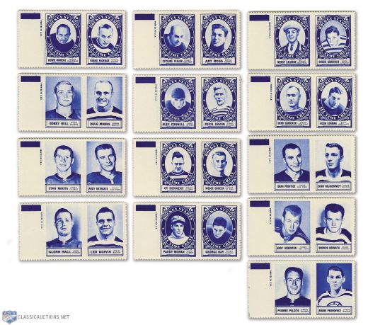 1961-62 Topps Stamp Panel Partial Set (13 Panels - 26/52 Stamps) Featuring Hull, Mikita, Hall and Morenz