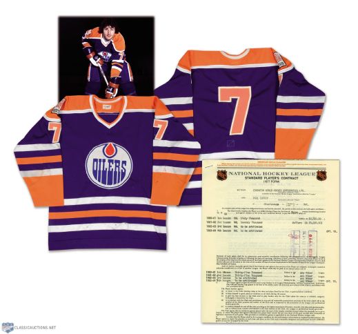 Paul Coffeys 1980-81 Edmonton Oilers Rookie NHL Contract and Game-Worn Rookie Road Jersey with LOA - Team Repairs! - Photo-Matched!