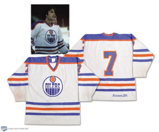 Paul Coffeys 1980-81 Edmonton Oilers Game-Worn Rookie Home Jersey with Team LOA <br>- Team Repairs! - Photo-Matched!
