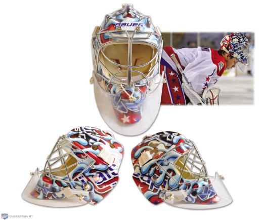 Semyon Varlamovs 2011 Winter Classic "Snow Splatter" Washington Capitals Game-Worn Goalie Mask - Photo-Matched!