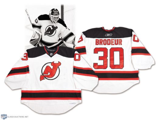 Martin Brodeurs 2008-09 New Jersey Devils Game-Worn Playoffs Jersey with Team LOA - Photo-Matched!