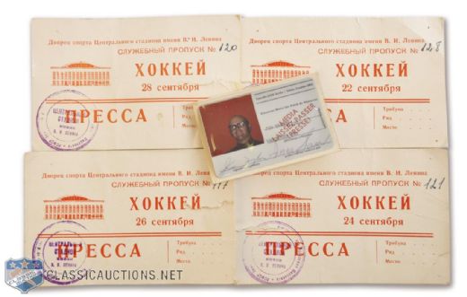 1972 Canada-Russia Series Vancouver Press Pass and Moscow Press Passes for Games 5 to 8!