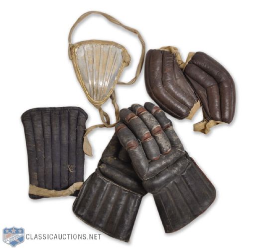 Vsevolod Bobrovs 1950s CSKA Game-Used Hockey Gloves, Elbow Pads and Equipment