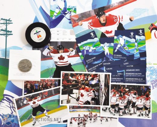 2010 Winter Olympics Collection with Game Puck, Participation Medal, Gold Medal Game Ticket & More!