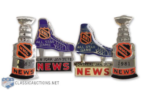 1970s and 1980s NHL All-Star Game and Stanley Cup Press Pin Collection of 4