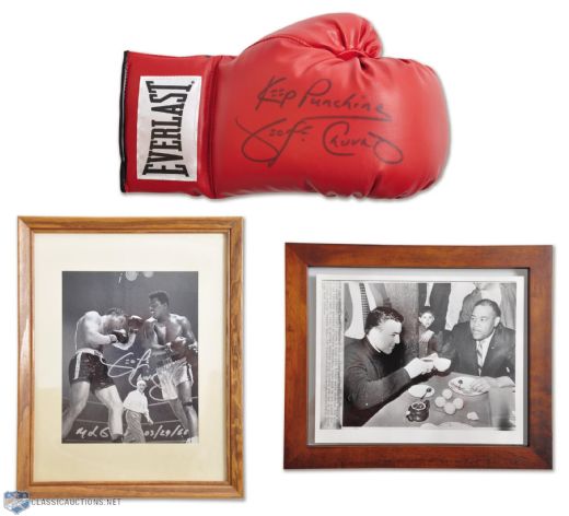 George Chuvalo Signed Framed Photo, Boxing Glove and Vintage 1966 Ali Fight Photo