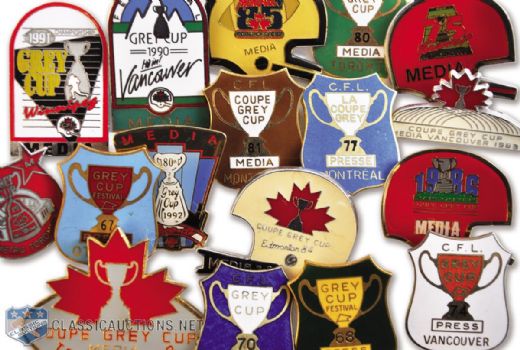 1967-1992 CFL Grey Cup Press Pin Collection of 17 Plus 49 Press Pass and More