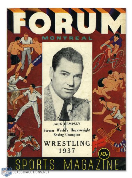 Boxing Legend Jack Dempsey Autographed 1937-38 Montreal Forum Wrestling Program