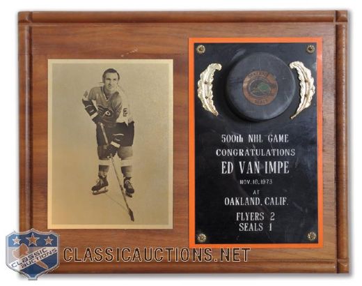 Ed Van Impes 1973 Philadelphia Flyers 500th NHL Game Presentation Plaque