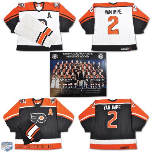 Ed Van Impes Philadelphia Flyers 1992 Heroes of Hockey Signed Worn Jerseys (2) and Back-to-Back Stanley Cup Champions Team-Signed Stick