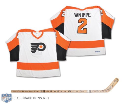 Ed Van Impes Philadelphia Flyers Signed Oldtimers Worn Jersey and Back-to-Back Stanley Cup Champions Team-Signed Stick