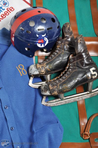 Brit Selbys Toronto Toros Game-Worn Helmet, Game-Used Leafs Skates, St. Louis Blues Cardigan Sweater, and Garment Bags (2)