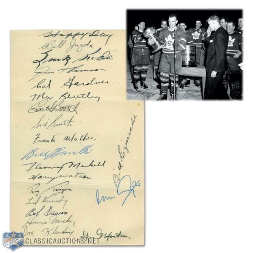 Toronto Maple Leafs 1949 Team-Signed Sheet by 20 with 6 Deceased HOFers and Barilko