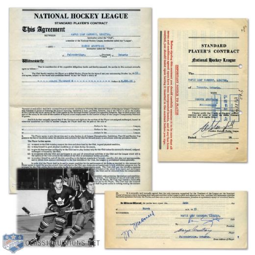 George Armstrongs 1953-54 Toronto Maple Leafs NHL Contract Signed by Armstrong, Smythe and Campbell