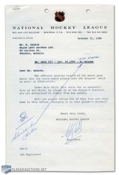 1968 Clarence Campbell Signed Letter Regarding Tim Horton Penalty Fine