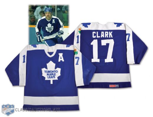 Wendel Clarks 1986-87 Toronto Maple Leafs Game-Worn Jersey with Clancy Patch and LOA <br>- Team Repairs! - Photo-Matched! - Video-Matched!