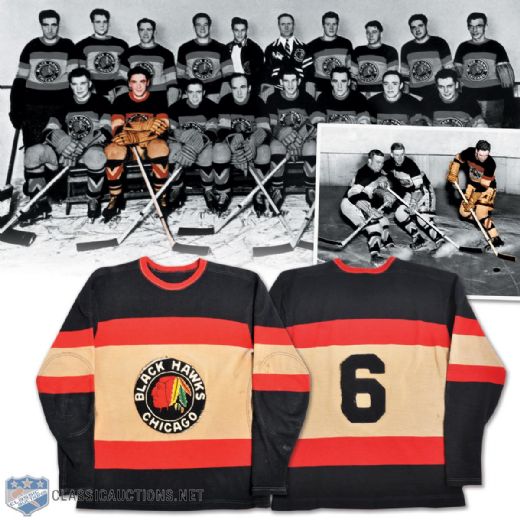 Paul Thompsons 1935-37 Chicago Black Hawks Game-Worn Wool Jersey with LOAs - Team Repairs!