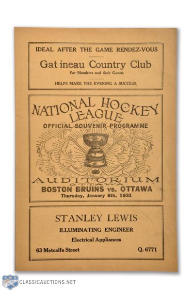 1930-31 Ottawa Auditorium Program - Ottawa Senators vs Boston Bruins