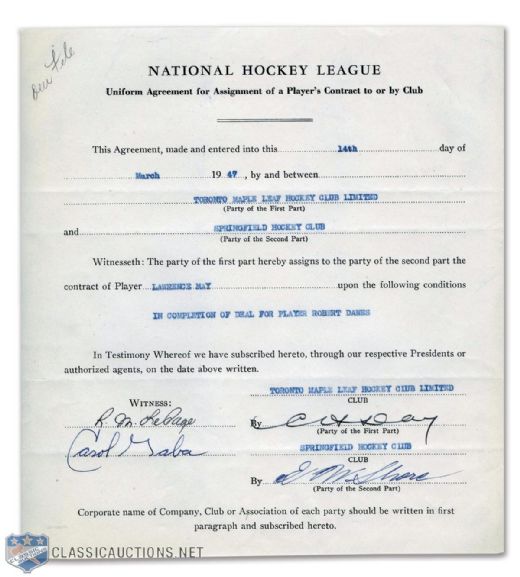 Lawrence Hays 1947 NHL Assignment Agreement Signed by Deceased HOFers Hap Day and Eddie Shore
