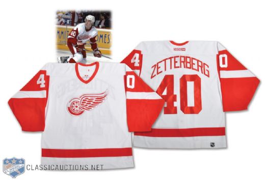 Henrik Zetterbergs 2002-03 Detroit Red Wings Game-Worn Rookie Season Playoffs Jersey with Team LOA <br>- Team Repairs!