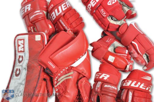 Detroit Red Wings 1990s/Early-2000s Collection of Game-Used Gloves Including Legace Blocker and Catching Glove