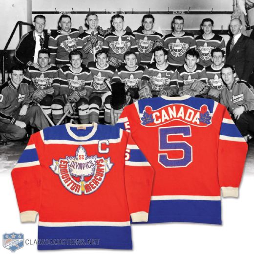 Billy Dawes 1952 Winter Olympics Edmonton Mercurys Team Canada Game-Worn Captains Wool Jersey with his Signed LOA - Team Repairs! - Photo-Matched!
