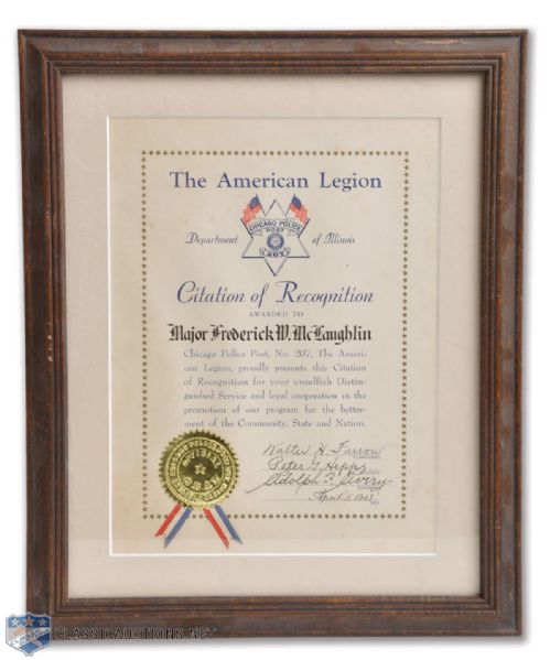 Major Frederic McLaughlins 1943 American Legion Framed Award (14 1/4" x 11 5/8")