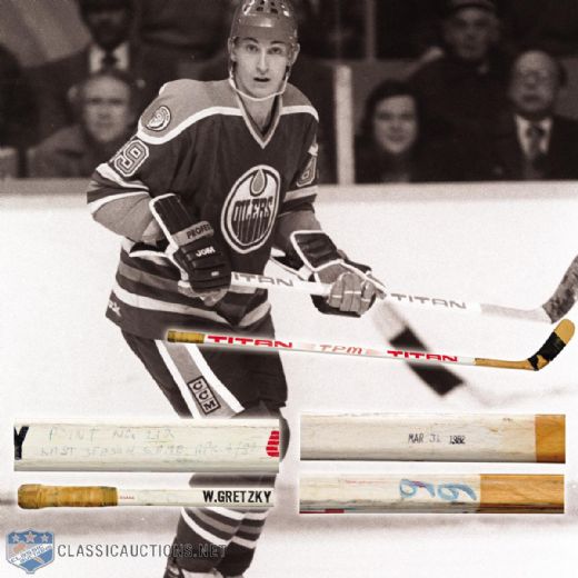 Wayne Gretzkys 1981-82 Edmonton Oilers "212th Point of Season" Titan Game-Used Stick with LOA