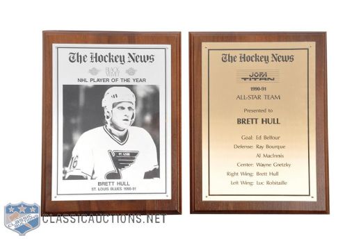 Brett Hulls 1990-91 The Hockey News "NHL Player of the Year" and "All-Star Team" Plaques (9" x 12") 