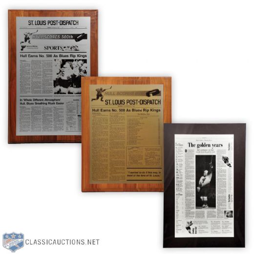 Brett Hulls St. Louis Post-Dispatch Plaques (3) Featuring Two 500th Goal Commemorative Ones
