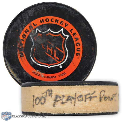 Brett Hulls 1995-96 St. Louis Blues 100th NHL Playoff Point Puck - Gretzkys 356th NHL Playoff Point! 