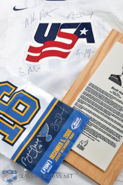 Brett Hulls 2008 US Hockey Hall of Fame Induction Plaque, Multi-Signed Jersey and More 