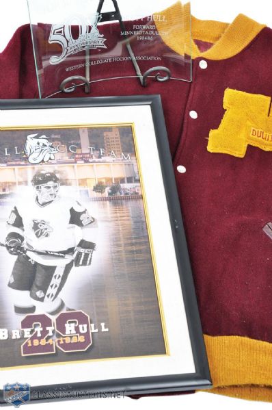 Brett Hulls WCHA Minnesota-Duluth Jacket, Award, Autograph and Frame Collection of 6