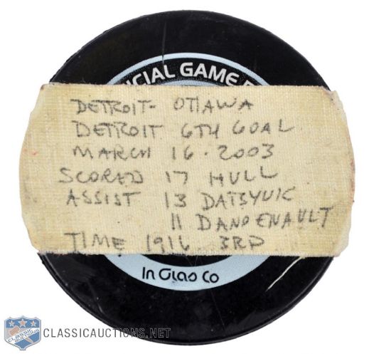 Brett Hulls 2002-03 Detroit Red Wings Hat Trick Puck - Season Goal #33 Career Goal #712