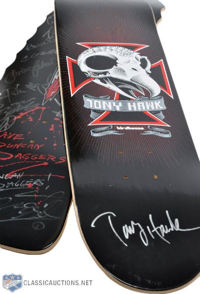 Brett Hulls Tony Hawk Signed Skateboard Deck and Dave Duncan Daggers Skateboard Deck Multi-Signed by 16 