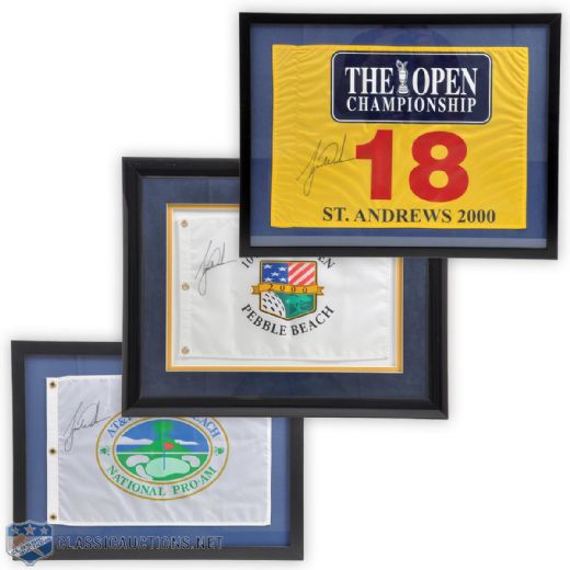 Brett Hulls Tiger Woods Signed Framed Pin Flag Collection of 3