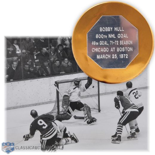 Bobby Hulls 1971-72 Chicago Black Hawks 600th NHL Goal Puck From Brett Hull Collection