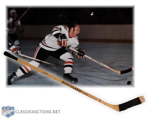Bobby Hulls 1960s Chicago Black Hawks Northand Game-Used Stick from Brett Hull Collection
