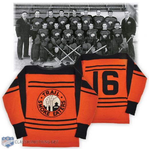 Gorgeous Trail Smoke Eaters 1937-42 Game-Worn Wool Jersey Attributed to Roy Bentley - Team Repairs!