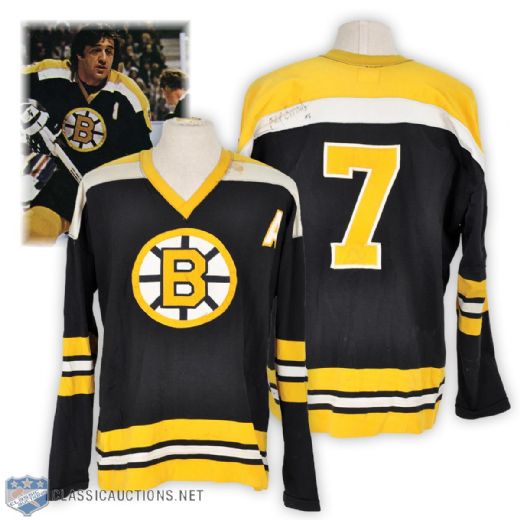 Phil Espositos 1973-74 Boston Bruins Game-Worn Alternate Captains Jersey with 50th Patch - Team Repairs! - Photo-Matched!