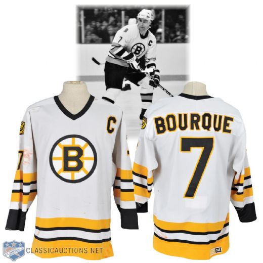 Ray Bourques 1985-86 Boston Bruins Game-Worn Captains Jersey - 35+ Team Repairs! Photo-Matched!