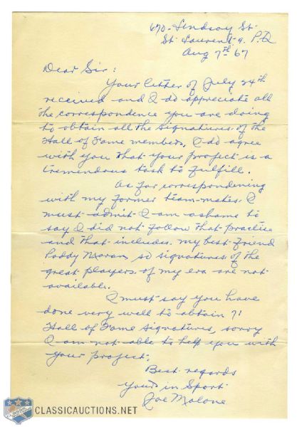 Deceased HOFer Joe Malone Handwritten Signed Letter with LOA (9 1/8” x 6 1/4")