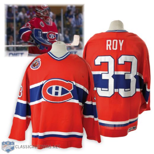 Patrick Roys 1992-93 Montreal Canadiens Game-Worn Jersey with Centennial Patch - Team Repairs!