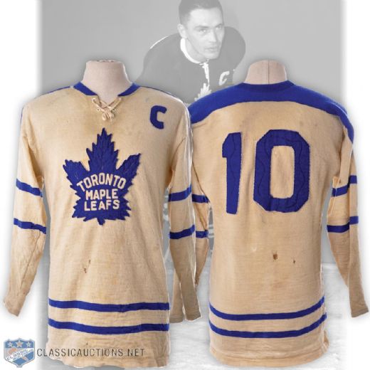 George Armstrongs Early-1960s Toronto Maple Leafs Game-Worn Captains Wool Jersey - Team Repairs!