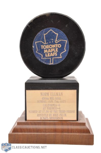 Norm Ullmans 1973 Toronto Maple Leafs 450th NHL Goal Puck