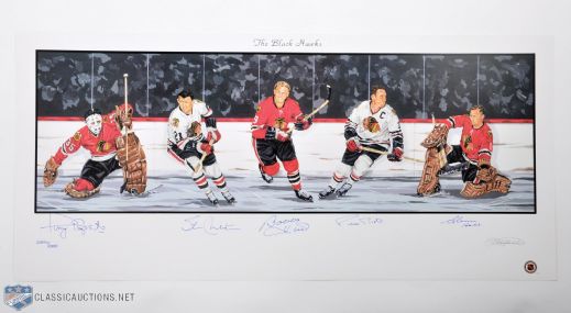 Chicago Black Hawks Limited-Edition Lithograph Autographed by 5 HOFers (18" x 39")