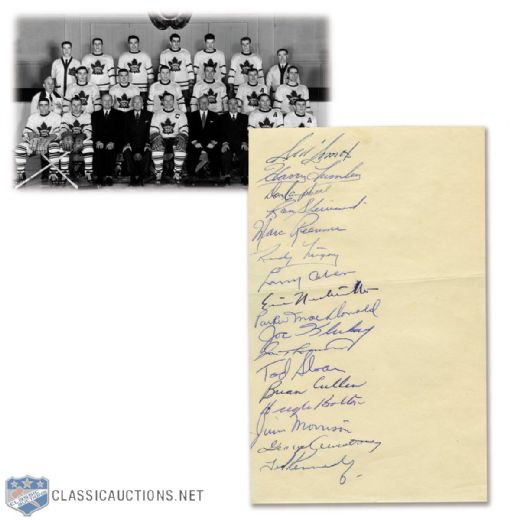 Toronto Maple Leafs 1954-55 Team-Signed Sheet by 17 with HOFers Armstrong, Lumley and Kennedy