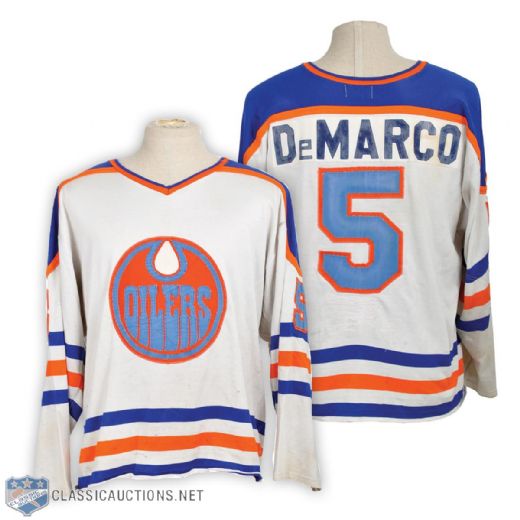 Ab DeMarcos 1977-78 WHA Edmonton Oilers Game-Worn Jersey with His Signed LOA - Team Repairs!