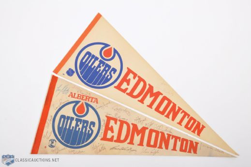 Edmonton Oilers 1974-75 Team-Signed Pennant with Plante Plus Gretzky Signed Rookie-Era Oilers Pennant 