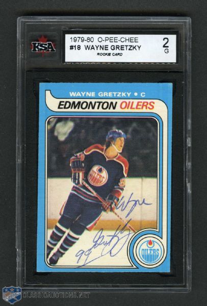 1979-80 O-Pee-Chee #18 Wayne Gretzky Vintage-Signed Rookie Hockey Card - Graded KSA 2 